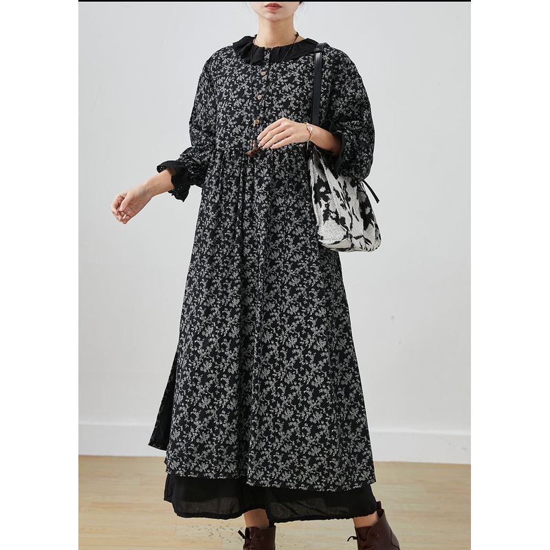 Art Black Oversized Print Cotton Fake Two Piece Dresses Spring