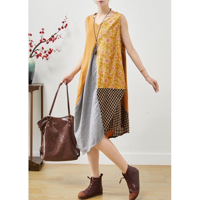 Art Colorblock Asymmetrical Patchwork Linen Dresses Sleeveless