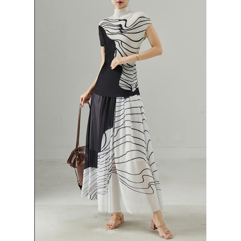 Art White Stand Collar Print Women Sets 2 Pieces Summer