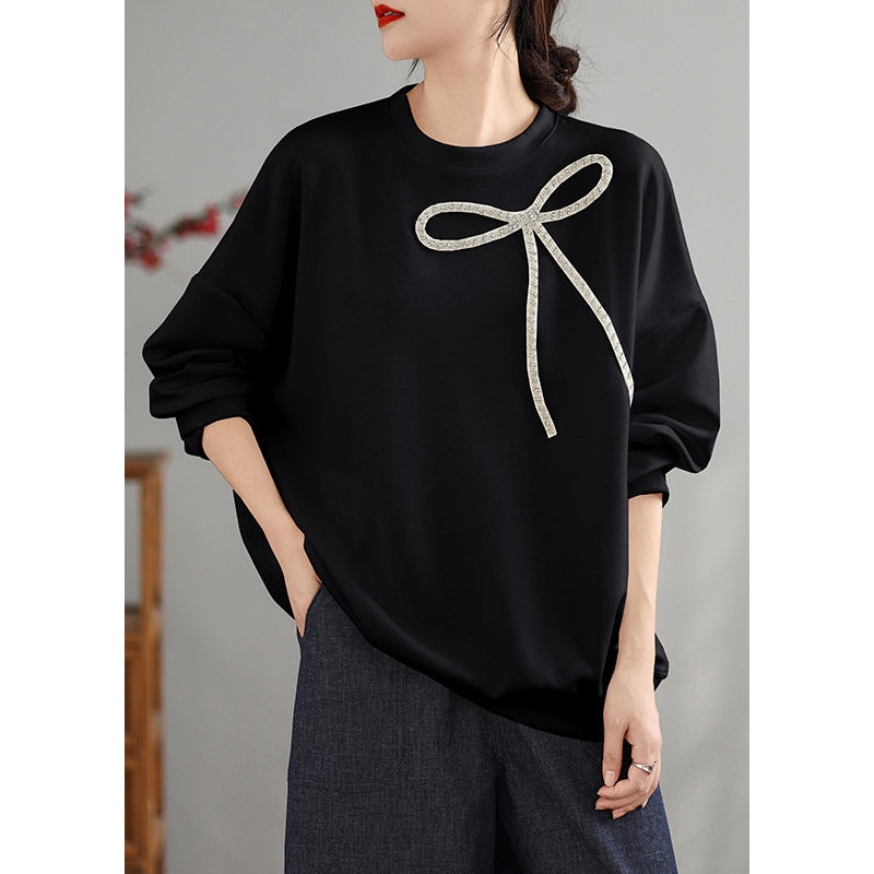 Beautiful Black O Neck Bow Cotton Pullover Top Spring