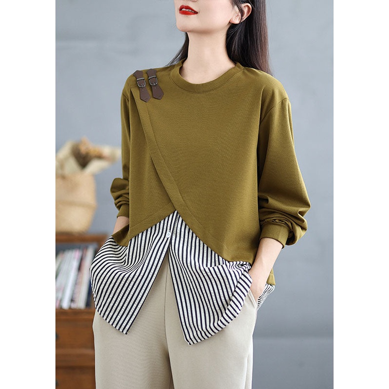 Beautiful Green O Neck Patchwork False Two Pieces Cotton Top Spring