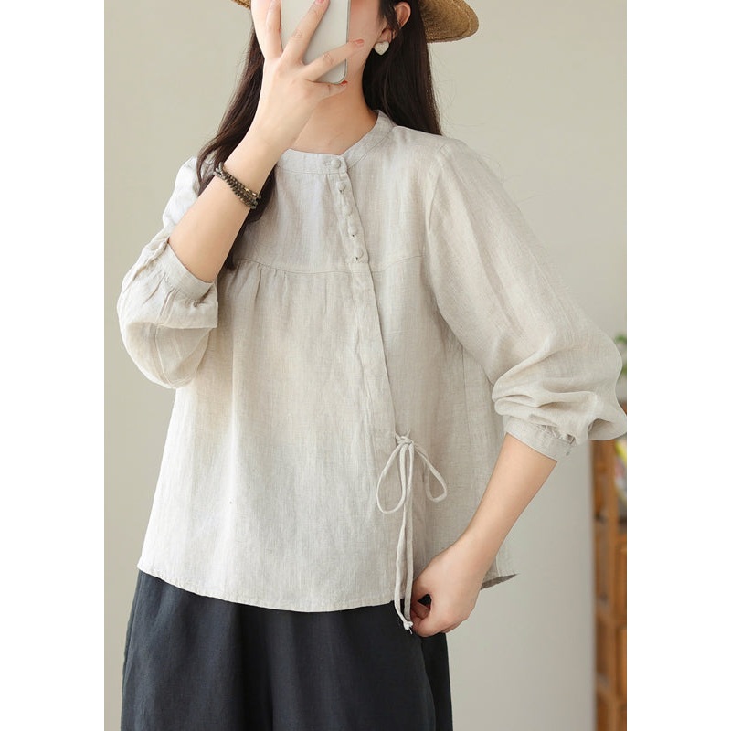 Beautiful Linen Stand Collar Lace Up Cotton Shirt Top Spring