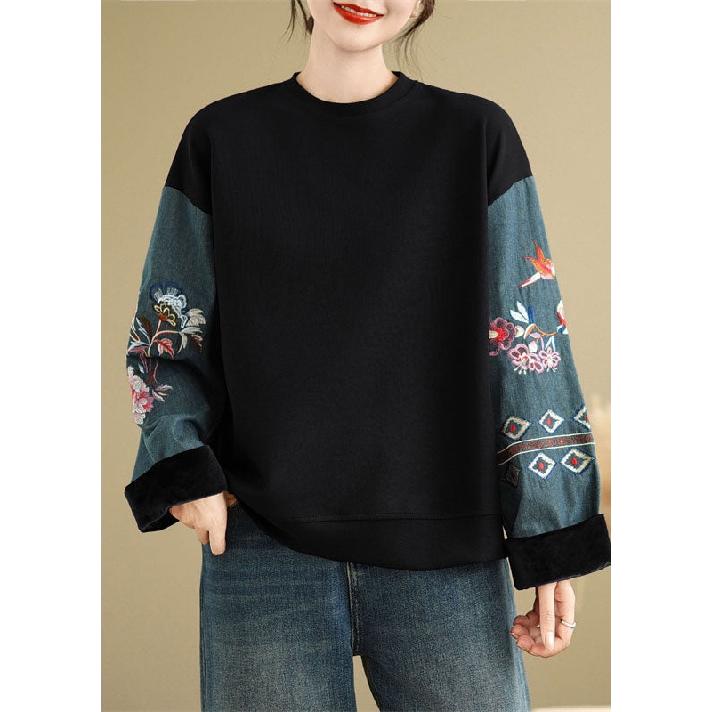 Black Denim Patchwork Cotton Pullover Embroidered Spring