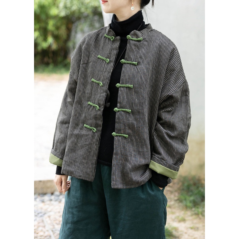 Black Fine Cotton Filled Coat Stand Collar Chinese Button Spring