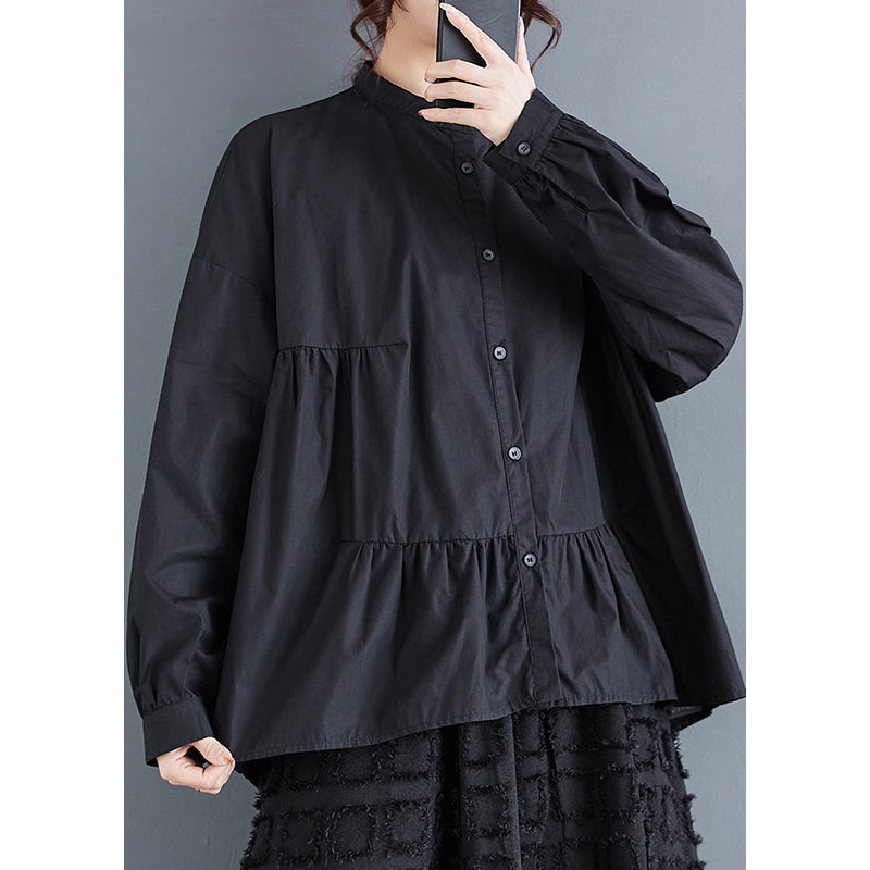 Black Patchwork Cotton Top Stand Collar Button Spring