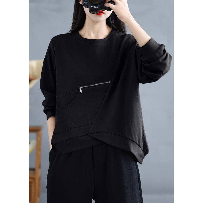 Black Pockets Patchwork Cotton Top Zip Up O-Neck Spring