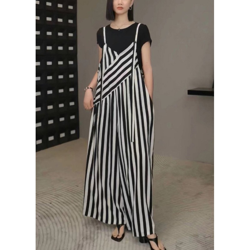 Bohemian Black White Striped Oversized Wide Leg Pants Jumpsuits Spring