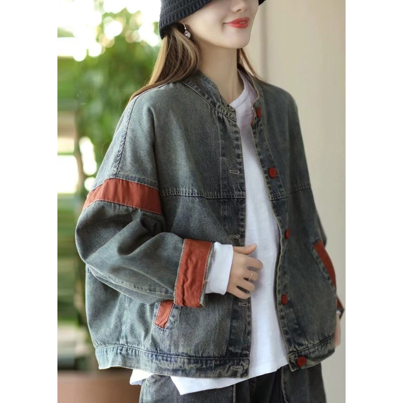 Casual Blue Oversized Patchwork Denim Jacket Spring