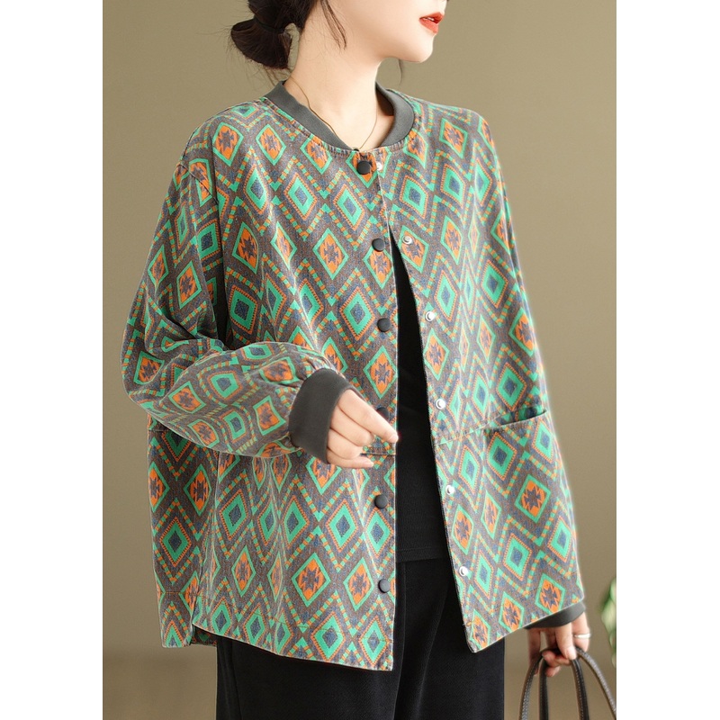 Casual Green O Neck Pockets Print Denim Coat Spring