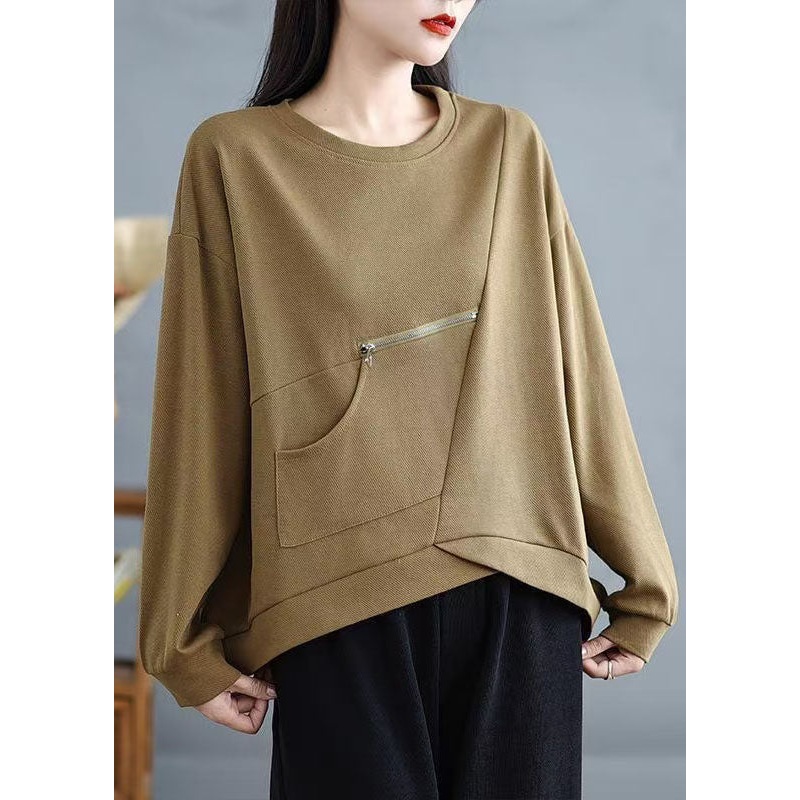 Casual Khaki Zip Up Pockets Patchwork Cotton Top Spring