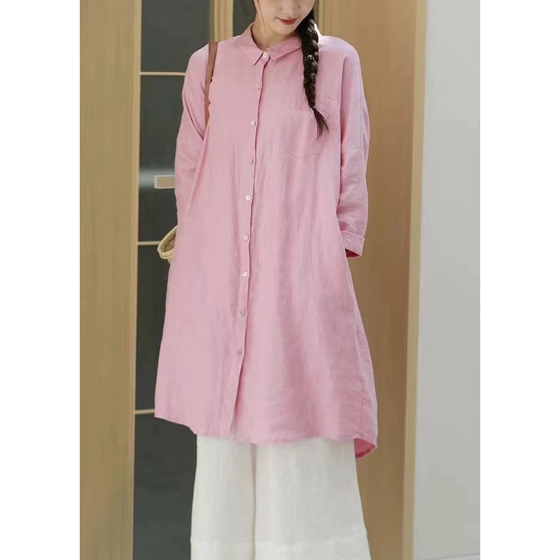 Casual Loose Pink Peter Pan Collar Mid Cotton Shirt Top Spring