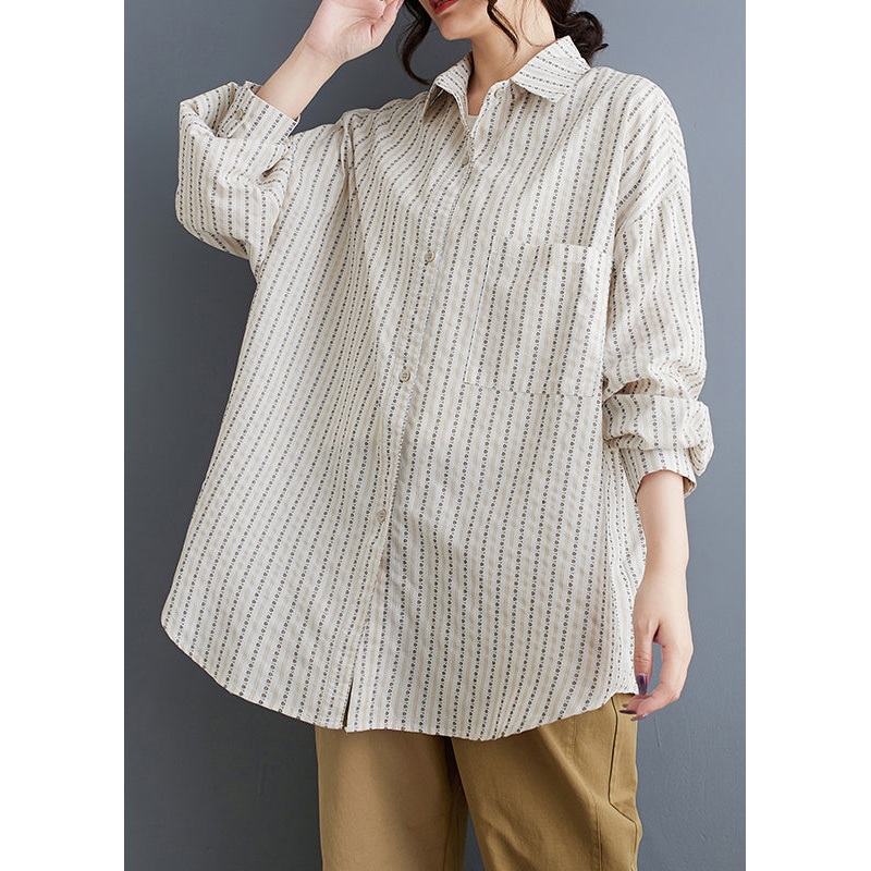 Casual White Peter Pan Collar Striped Loose Cotton Shirt Spring