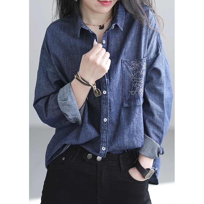 Chic Navy Embroidered Denim Shirt Spring