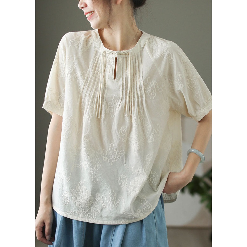 Chinese Style Apricot Tassel Embroidered Cotton Top Summer