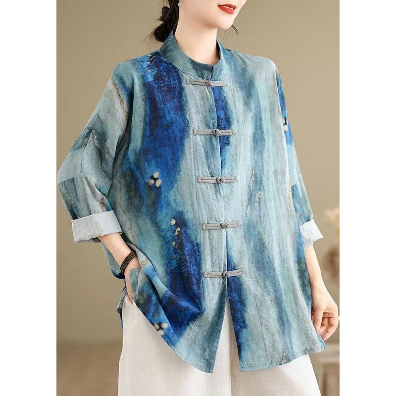 Chinese Style Blue Tie Dye Oriental Button Cotton Shirts Spring