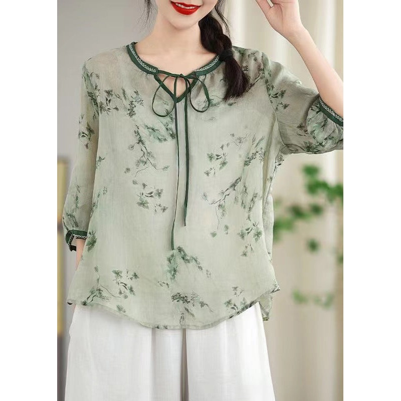 Light Green Print Linen Blouses Oversized Bracelet Sleeve