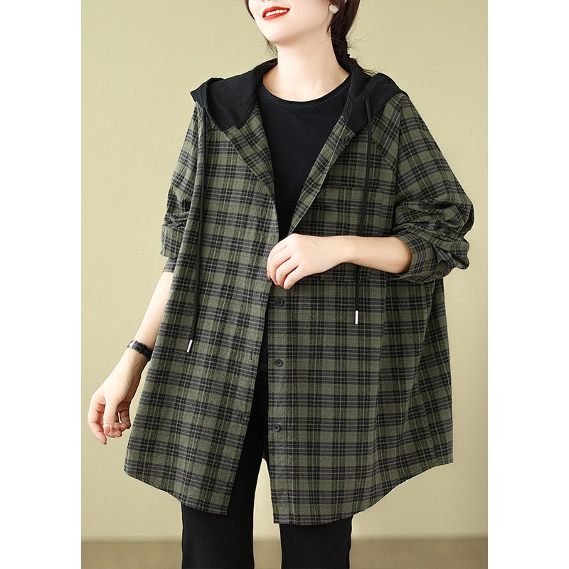 Plus Size Green Plaid Cotton Hooded Shirts Coat Spring