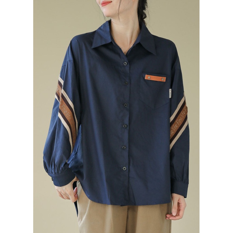 Unique Navy Peter Pan Collar Patchwork Cotton Shirt Tops Spring