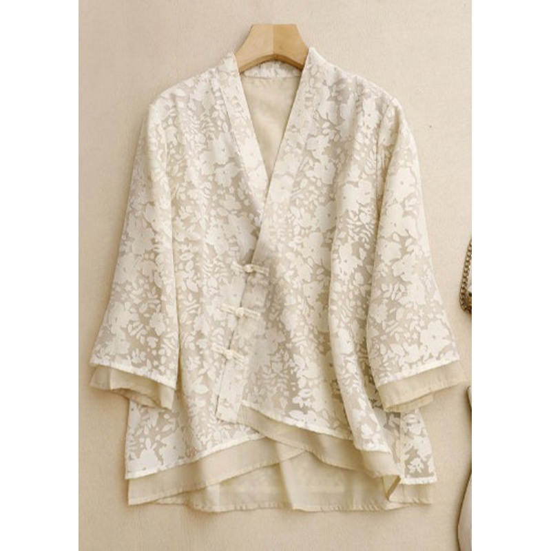 Vintage Beige Jacquard Lace Oriental Top Spring