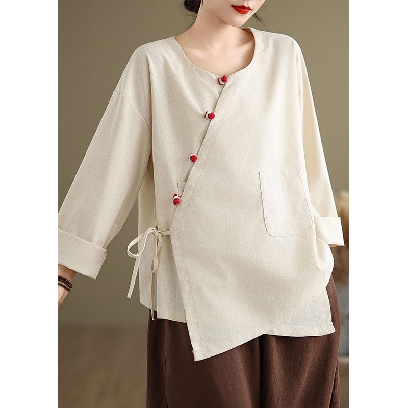 Vintage Beige O Neck Lace Up Patchwork Cotton Blouse Top Spring