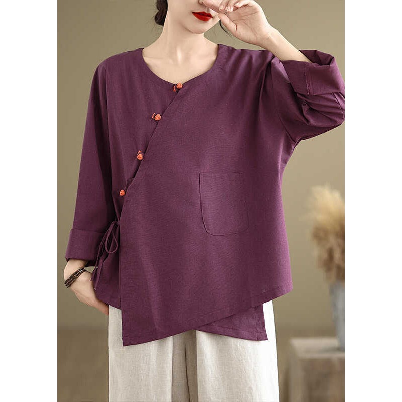 Vintage Purple Oversized Tie Waist Linen Shirts Spring