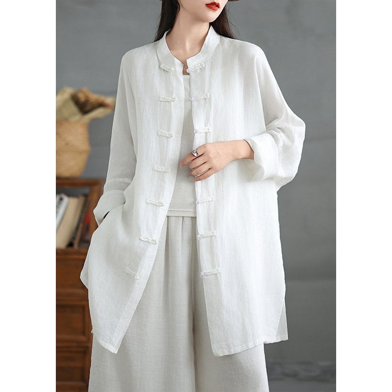 White Cotton Shirt Top Stand Collar Chinese Button Spring