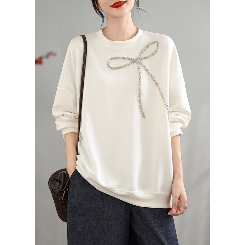 White Loose Cotton Sweatshirts Tops Bow Zircon Spring