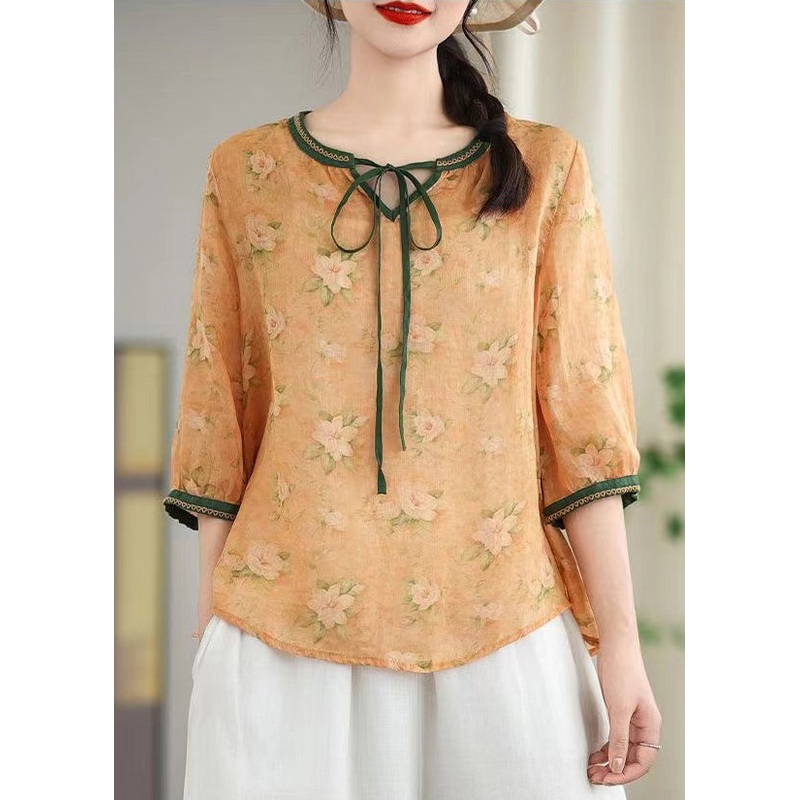Women Khaki Print Lace Up Linen Blouses Spring