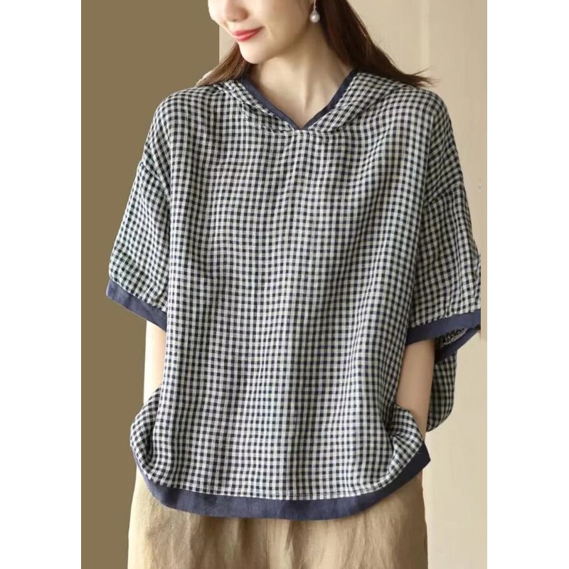 Women Navy Hooded Plaid Linen Shirt Tops Summer