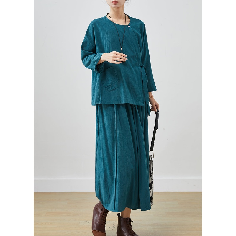 Women Peacock Blue Oversized Linen Two Pieces Set Spring