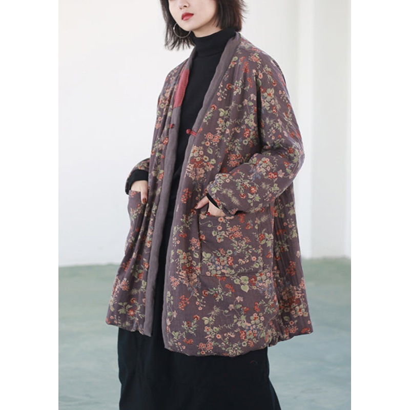 Women Purple Print Chinese Button Fine Cotton Filled Coats Winter