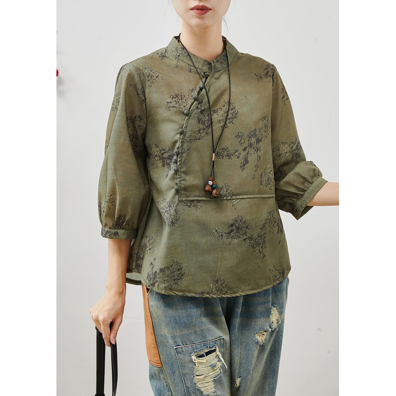 Art Tea Green Print Cotton Oriental Blouses Bracelet Sleeve