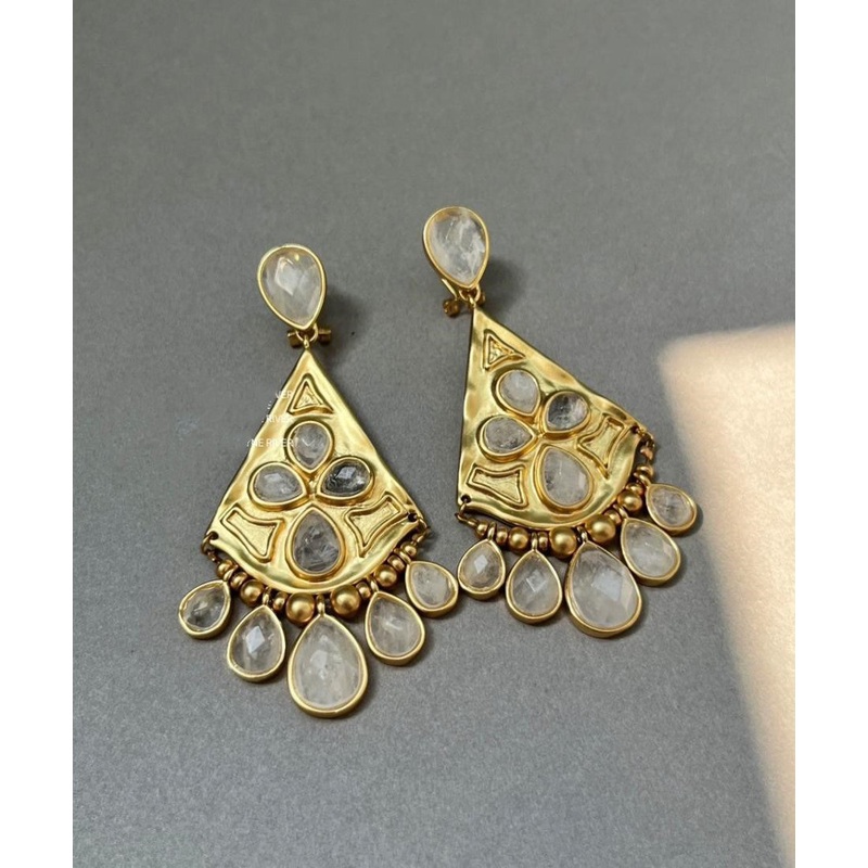 Bohemian Gold Copper Overgild Crystal Fan-Shaped Water Drop Tassel Drop Earrings