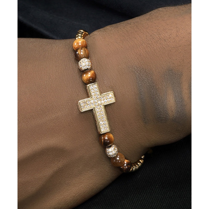 Boho Gold Copper Overgild Zircon Cross Men Charm Bracelet