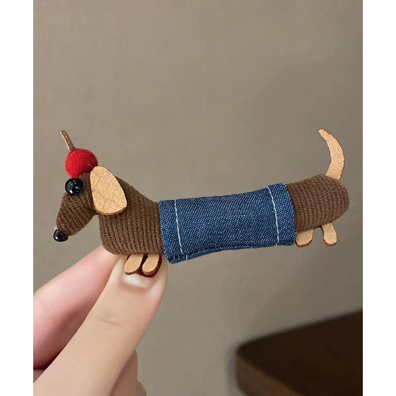 Handmade Blue Cloth Dot Dachshund Hairpin