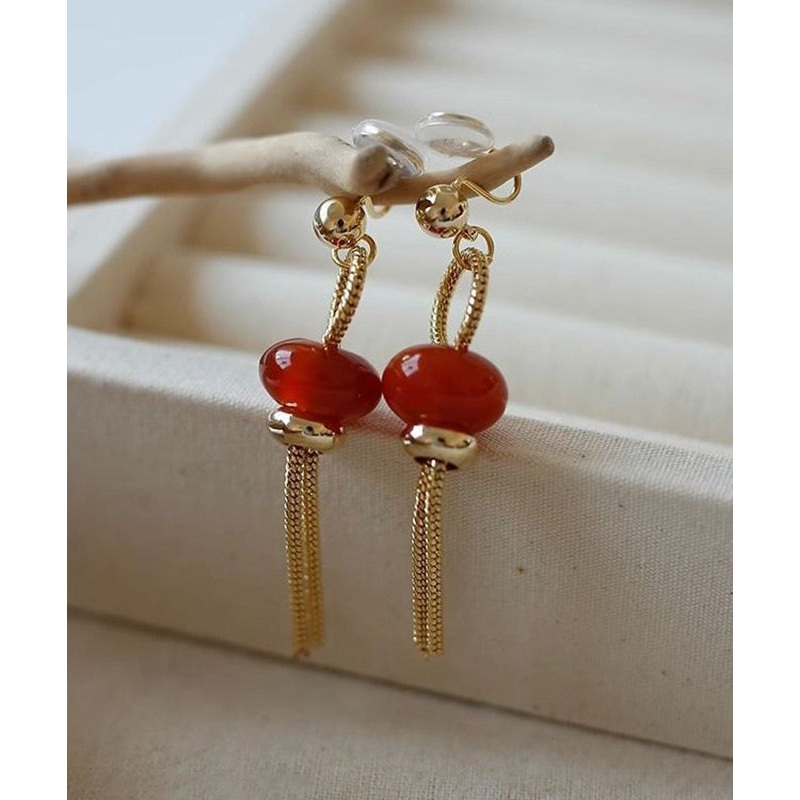 Regular Red Copper Jade Tassel Drop Earrings