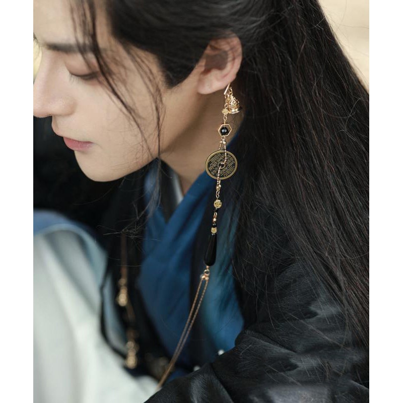 Retro Gold Copper Glass Beads Copper Coin Tassel Drop Earrings
