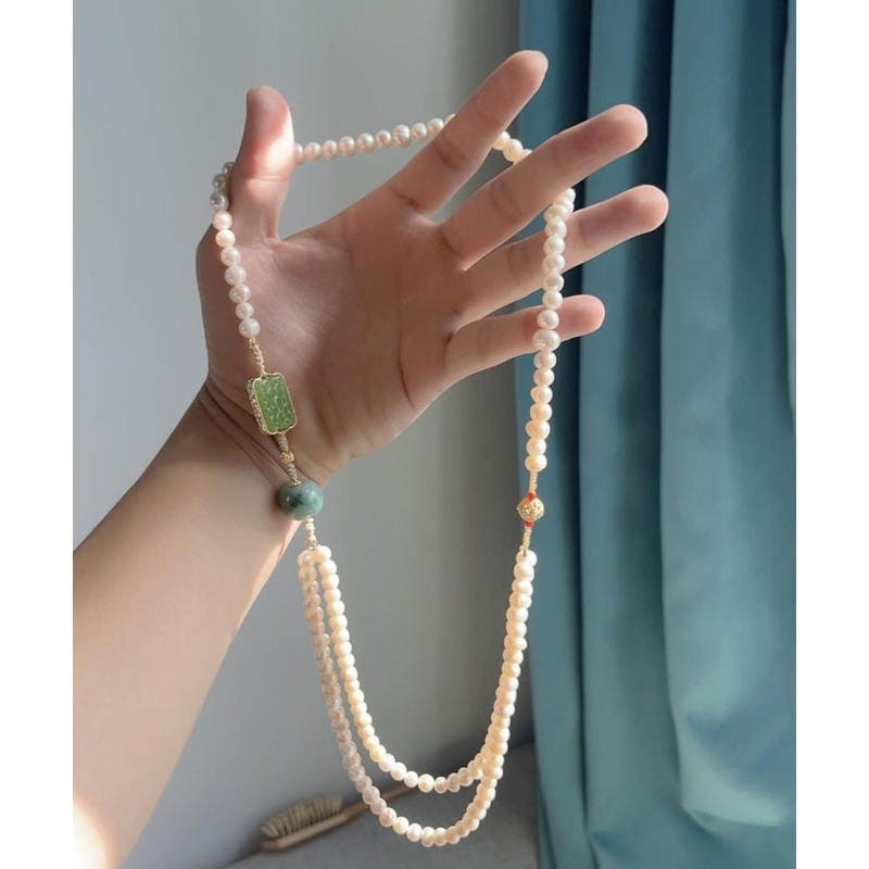 Retro White Alloy Jade Pearl Beading Gratuated Bead Necklace