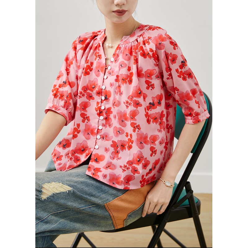 Stylish Red V Neck Print Cotton Shirt Summer