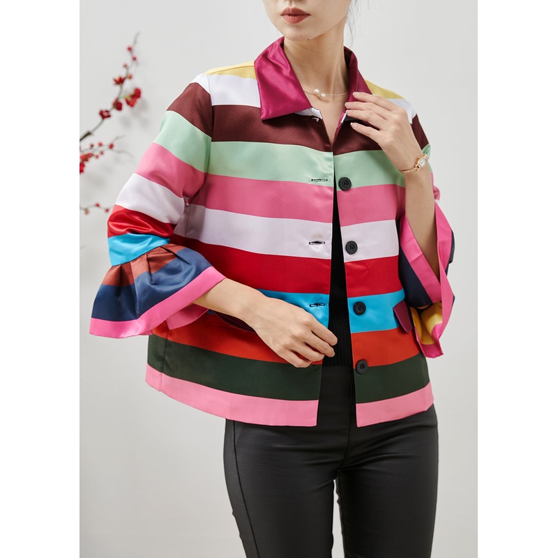 Unique Multicolor Patchwork Spandex Shirts Flare Sleeve