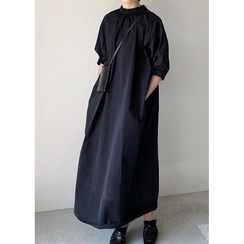 Women Navy Back Zippered Cotton Maxi Dress Half Sleeve