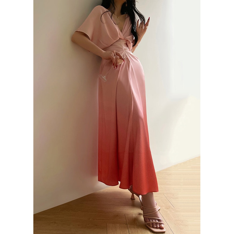 Art Pink Gradient Color V Neck High Waist Silk Maxi Dresses Summer