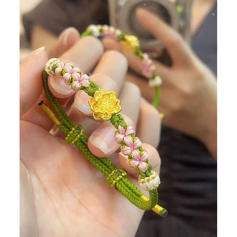 Beautiful Green Handmade Weaving Peach Blossom Lotus Charm Bracelet