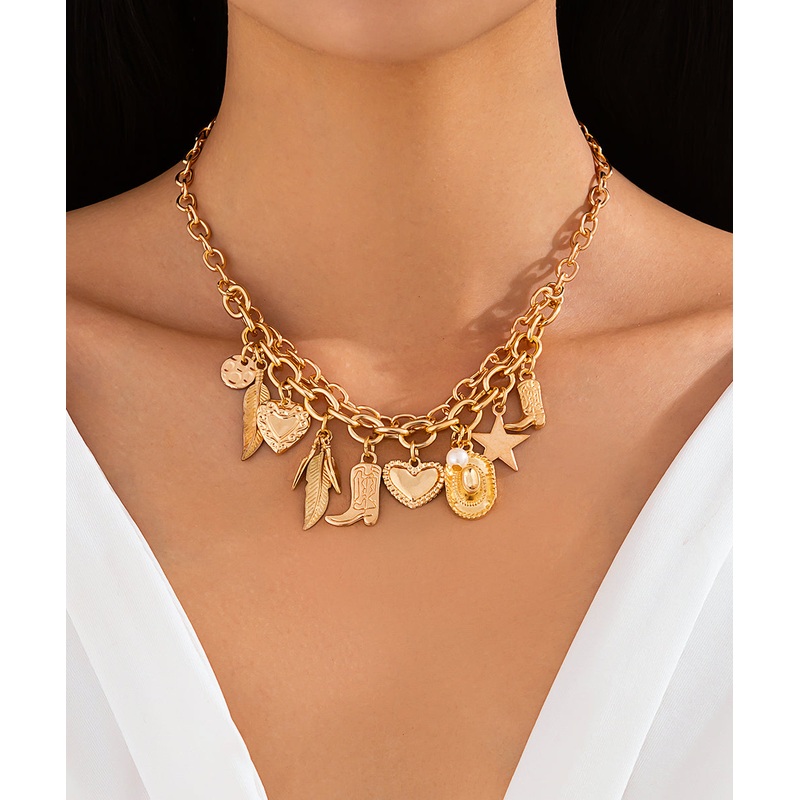 Bohemian Gold Metal Alloy Pearl Asymmetrical Pendant Necklace