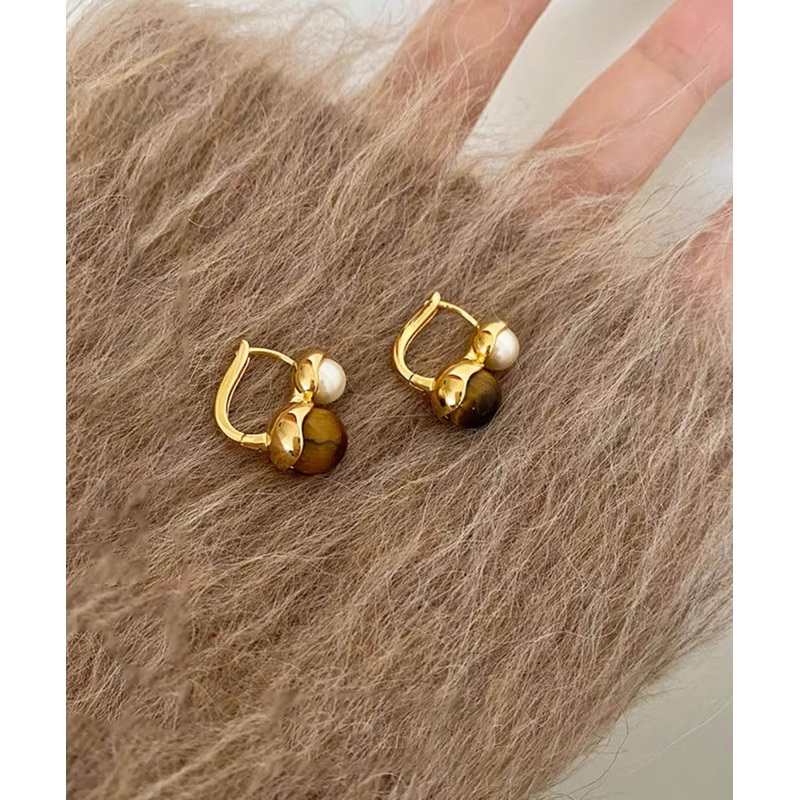 Boho Gold Copper Alloy Cat Eye Stone Pearl Hoop Earrings