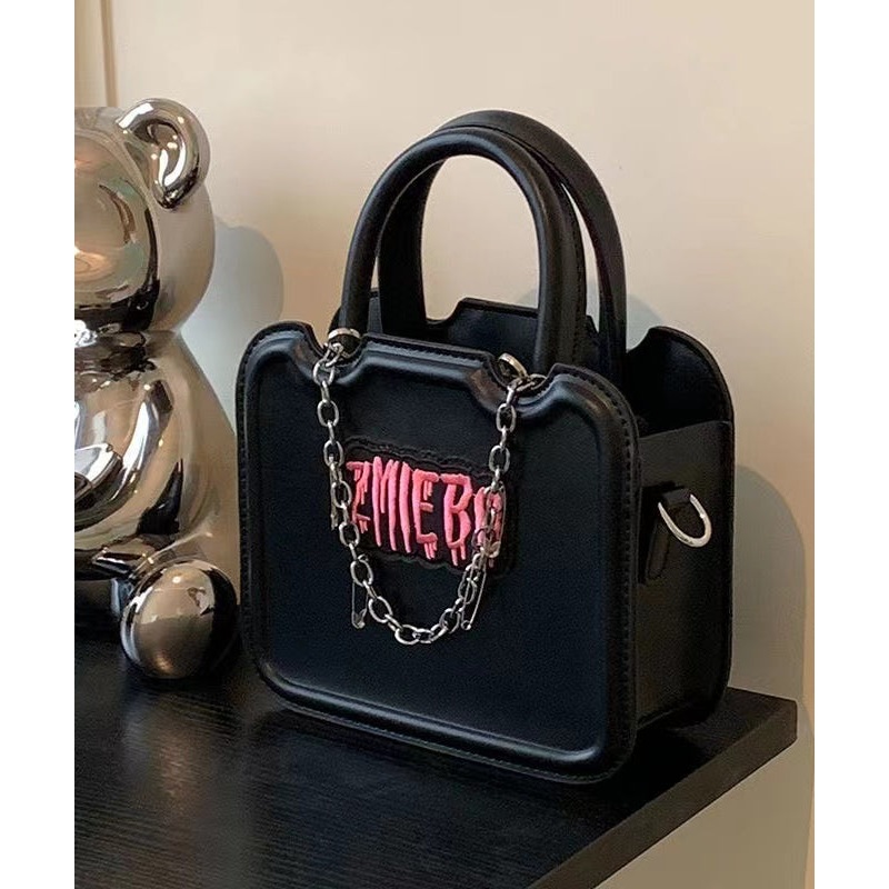 Boutique Black Embroidery Chain Linked Faux Leather Tote Mini Handbag