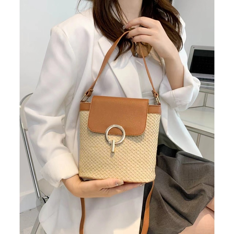 Boutique Khaki Patchwork Weave Faux Leather Tote Handbag