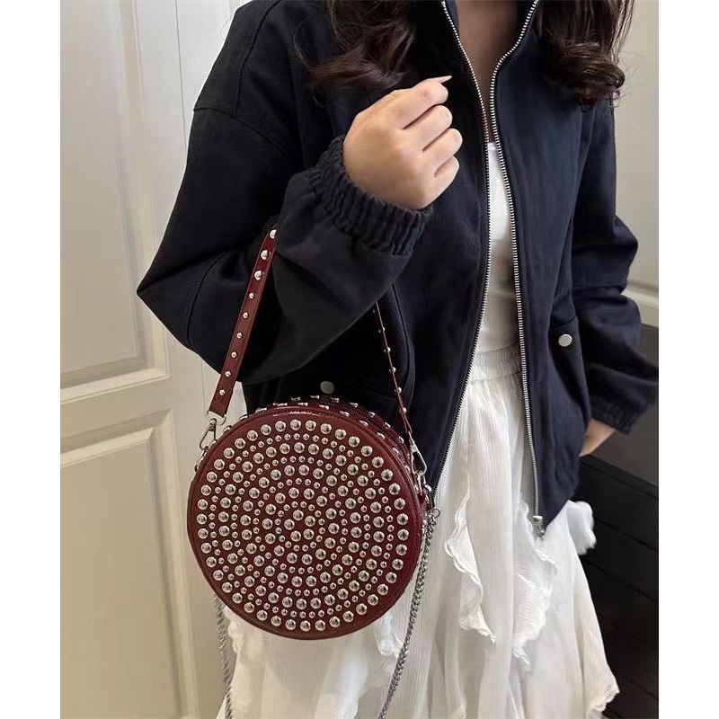 DIY Mulberry Rivet Solid Durable Faux Leather CrossBody Round Bag