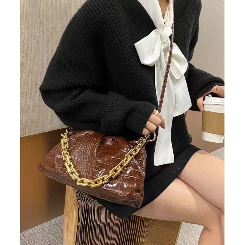 Style Coffee Solid Durable Chain Linked Faux Leather Tote Bag