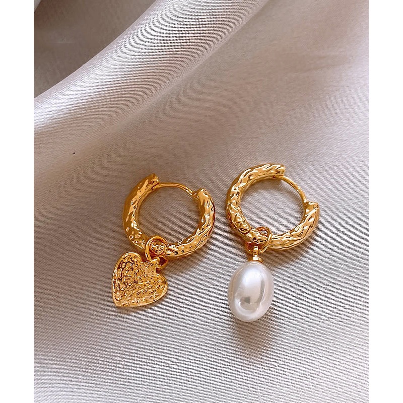 Unique Gold Copper Alloy Asymmetric Love Pearl Hoop Earrings